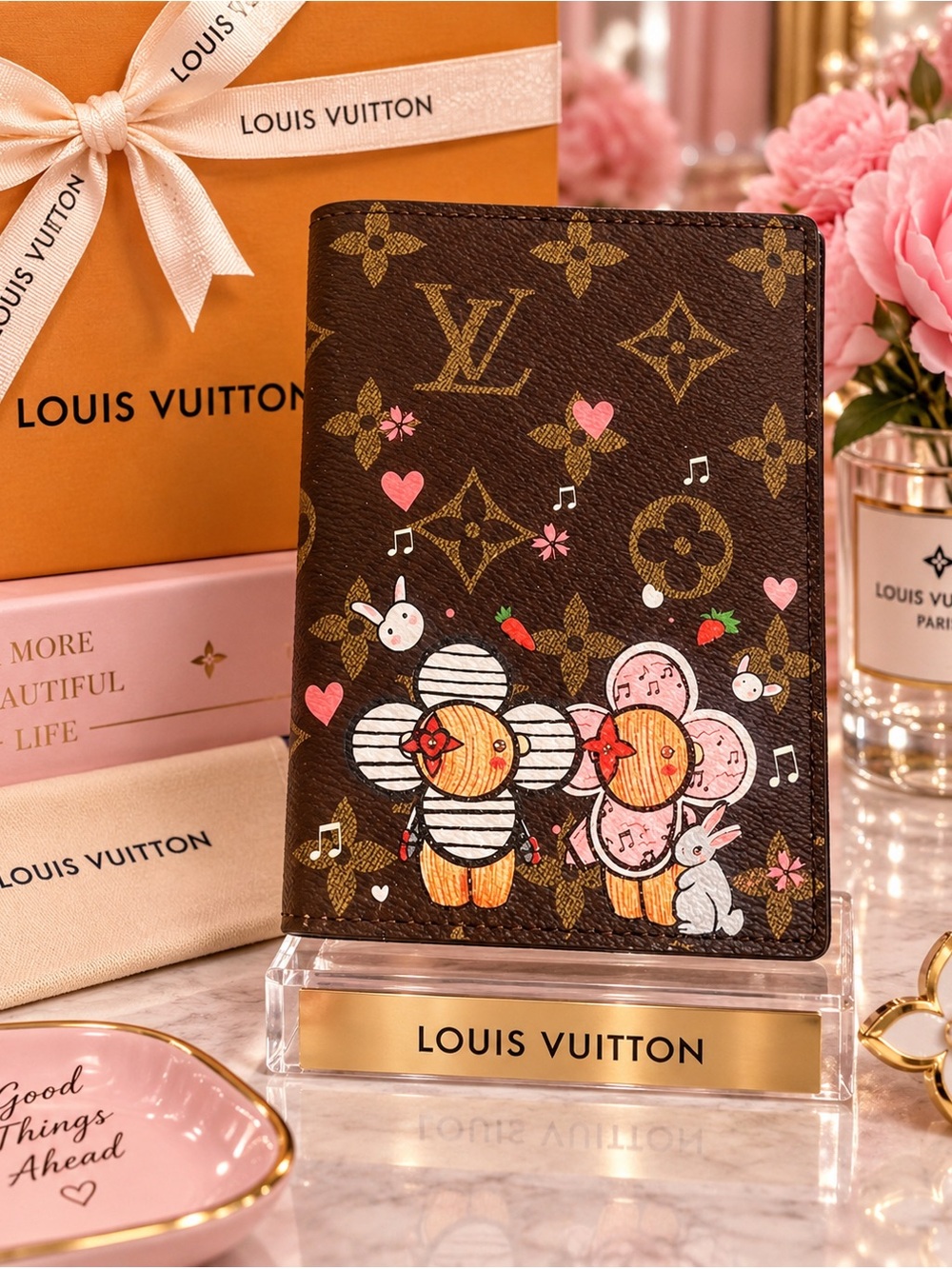 Brown Monogram Floral Character Passport Cover with Pink Accents